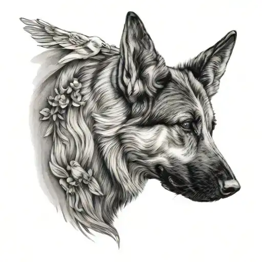 side profile in 3d of my German shepherd dog sitting and looking up at birds immersed in nature tattoo design idea