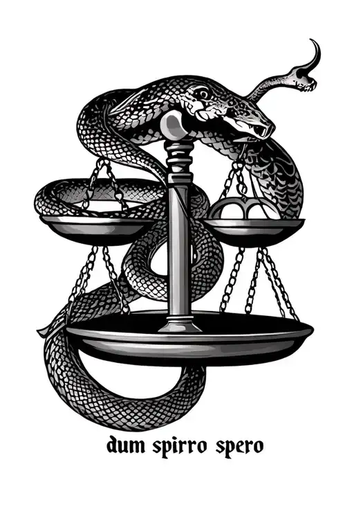 tribal patten on libra scales with snake wrapped loosely and "dum spiro spero" at the bottom  tattoo design idea