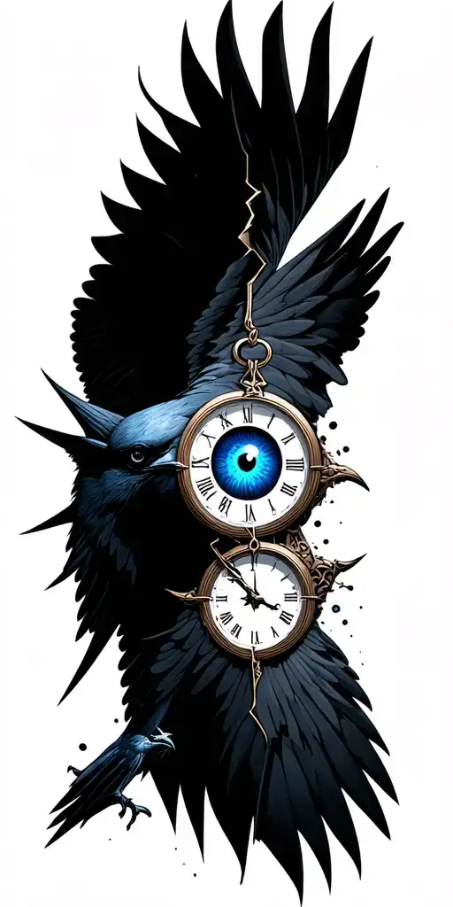 broken clock 11h, blue eye inside, wind rose, dark crow flying tattoo design idea
