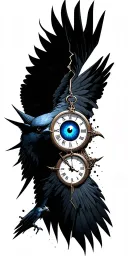 broken clock 11h, blue eye inside, wind rose, dark crow flying tattoo design idea