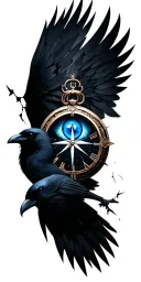 broken clock 11h, blue eye inside, wind rose, dark crow flying tattoo design idea