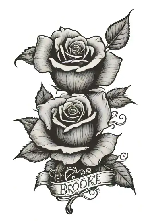 Single rose standing up with the name "Brooke" over top of it tattoo design idea