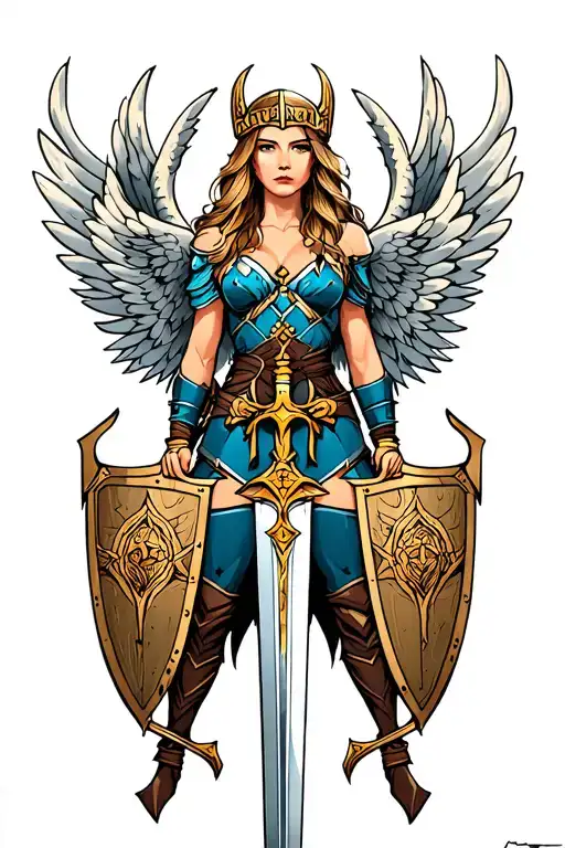 Valkyrie with wings and sword and shield tattoo design idea