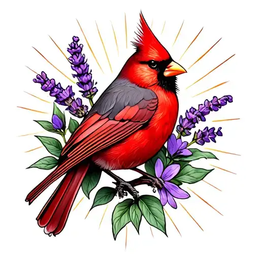 lavender flowers sun rays red cardinal tattoo design idea