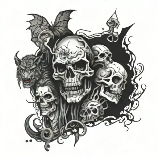 A tattoo design combining elements of mythology and scary movies, with a focus on gods and spooky creatures tattoo design idea