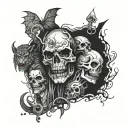 A tattoo design combining elements of mythology and scary movies, with a focus on gods and spooky creatures tattoo design idea