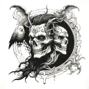 A tattoo design combining elements of mythology and scary movies, with a focus on gods and spooky creatures tattoo design idea