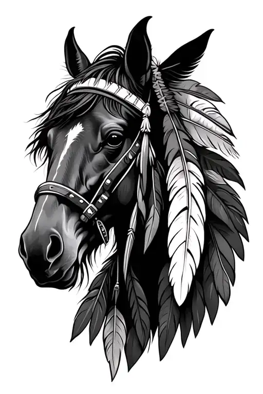 Native American horse head with feathers tattoo design idea