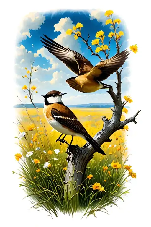 realism Hawthorne branch below prairie landscape shrike bird flying tattoo design idea