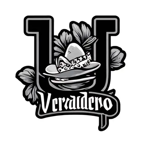 "Verdadero" in mexican font, that is shaped like a U, so it frames main patch from underneath tattoo design idea