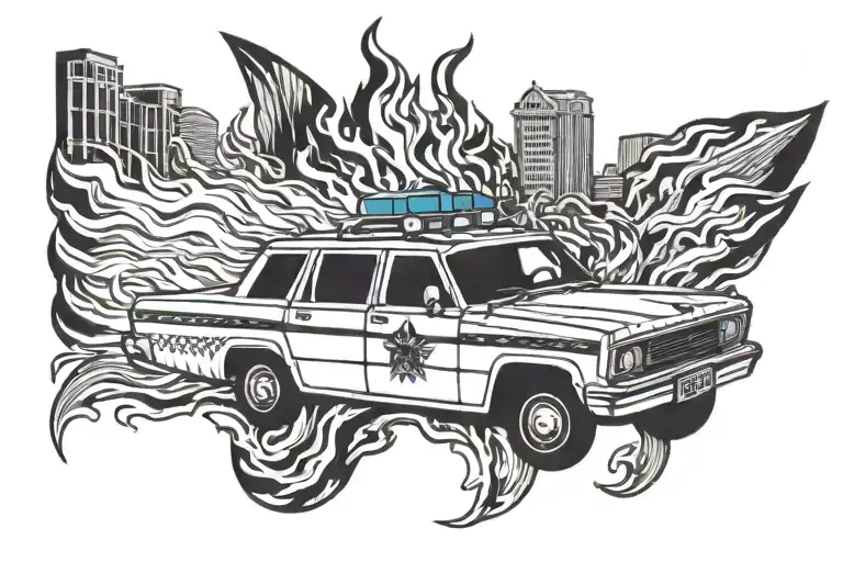 burning police car tattoo design idea