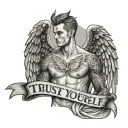 winged topless male with raised head. banner 'trust yourself' tattoo design idea