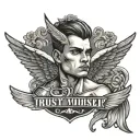 winged topless male with raised head. banner 'trust yourself' tattoo design idea