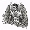 winged topless male with raised head. banner 'trust yourself' tattoo design idea