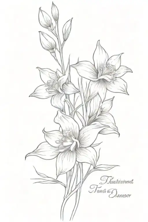 fine line spine tattoo with the text "tellement d'amour à donner" and daffodil, cherry blossom, primrose,  gladiolus tattoo design idea