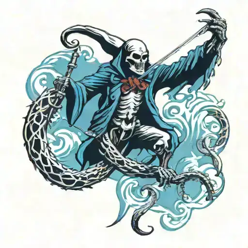 grim reaper harpooning kraken emerging tattoo design idea