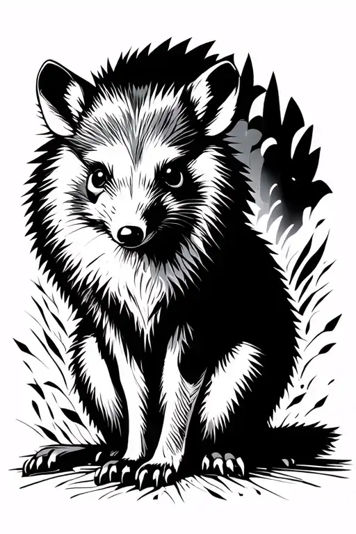 an opossum plays dead at the feet of a sitting coyote tattoo design idea