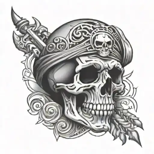 Spiral tribe hand and pirate skull tattoo design idea