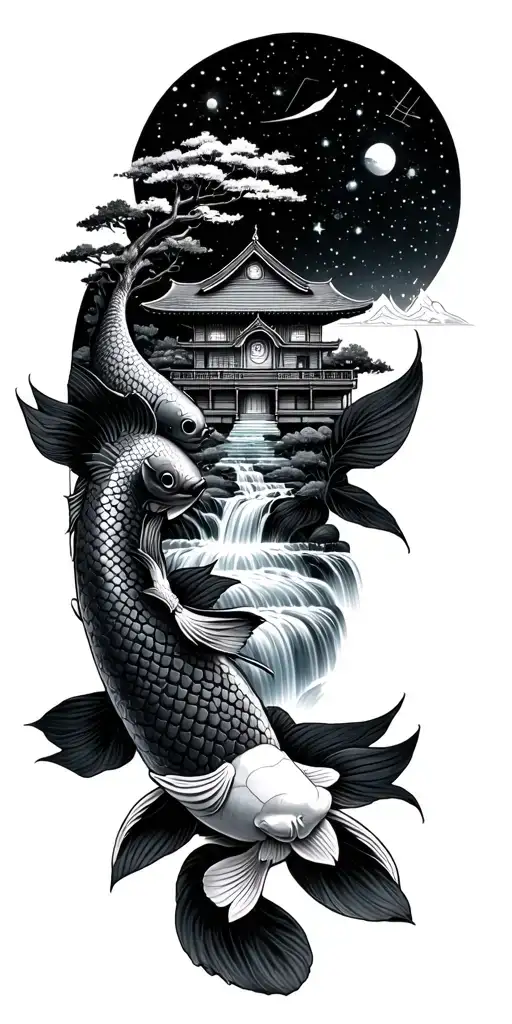 Buddhist tatto path of enlightensmall koi on wrist, trees and waterfall with small home,  constellation and space on top tattoo design idea