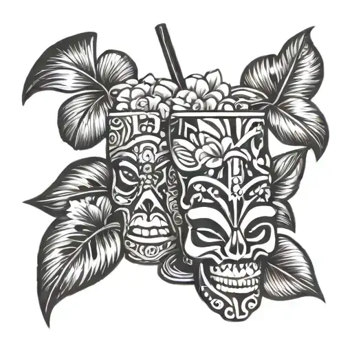 tiki cocktail with Hawaiian flowers tattoo design idea