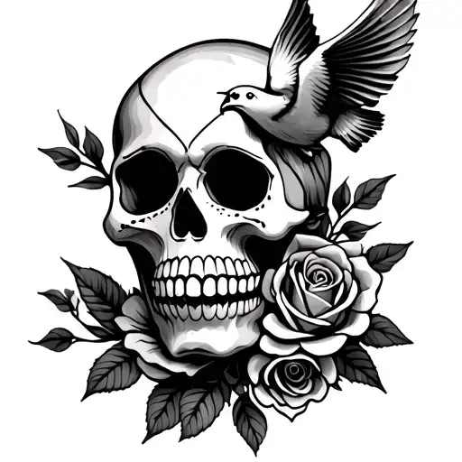 sugar skull with dove and rose inside tattoo design idea