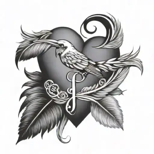 heart with initial "F", bird feather and infinity sign tattoo design idea