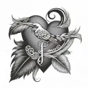 heart with initial "F", bird feather and infinity sign tattoo design idea