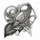 heart with initial "F", bird feather and infinity sign tattoo design idea