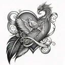 heart with initial "F", bird feather and infinity sign tattoo design idea
