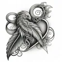 heart with initial "F", bird feather and infinity sign tattoo design idea