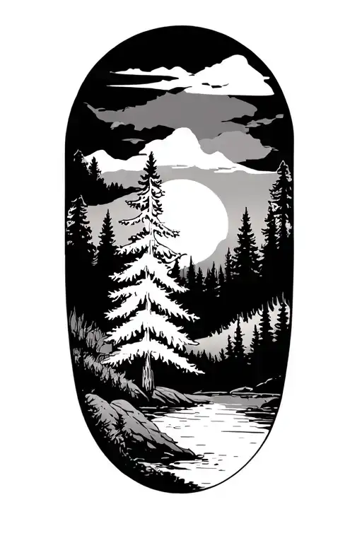  sunset, forest,pine trees, nature scence, half compass  tattoo design idea