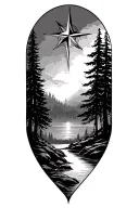 sunset, forest,pine trees, nature scence, half compass  tattoo design idea