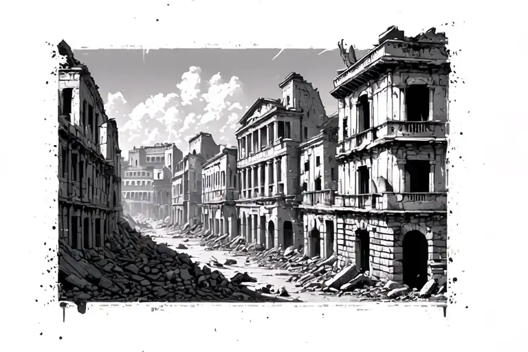 An ancient Roman-inspired cityscape, surrounded by ruins and the echoes of destruction. Perspective from the street. tattoo design idea