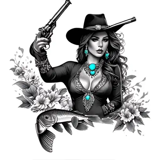 western sleeve with flowers horses breaking free a catfish turquoise jewelry bobwire woman holding smoking revolvers tattoo design idea