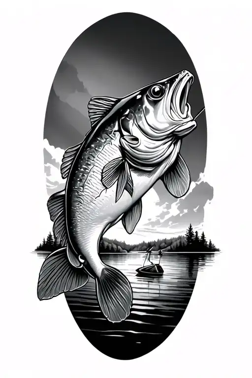 bass fishing scene, realistic, tattoo design idea