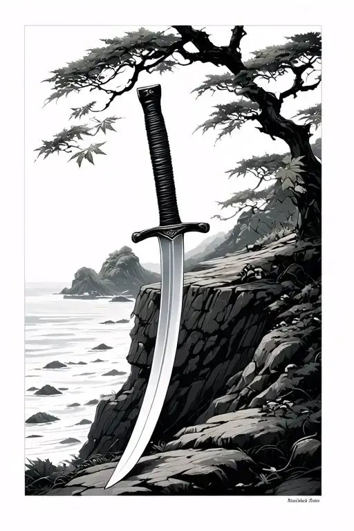 a katana stuck in the ground overlooking a coastal cliff with japanese maple leave swirling around in the wind tattoo design idea