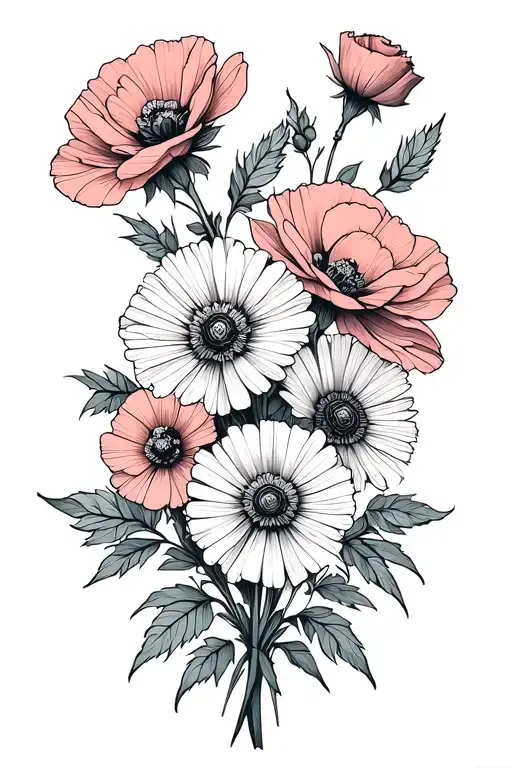 rose aster poppy flowers tattoo design idea
