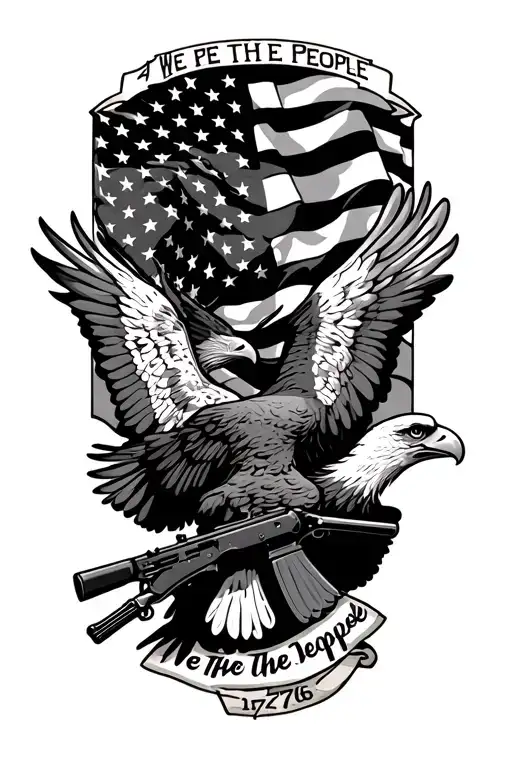 american flag in the back of an eagle flyign and holding a rifle. 1776 ribbon on top. We the people on the bottom.  tattoo design idea
