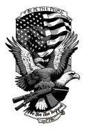 american flag in the back of an eagle flyign and holding a rifle. 1776 ribbon on top. We the people on the bottom.  tattoo design idea