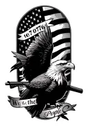 american flag in the back of an eagle flyign and holding a rifle. 1776 ribbon on top. We the people on the bottom.  tattoo design idea
