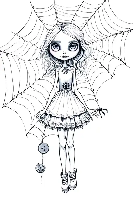 coraline jones tattoo design with buttons and spiderwebs tattoo design idea
