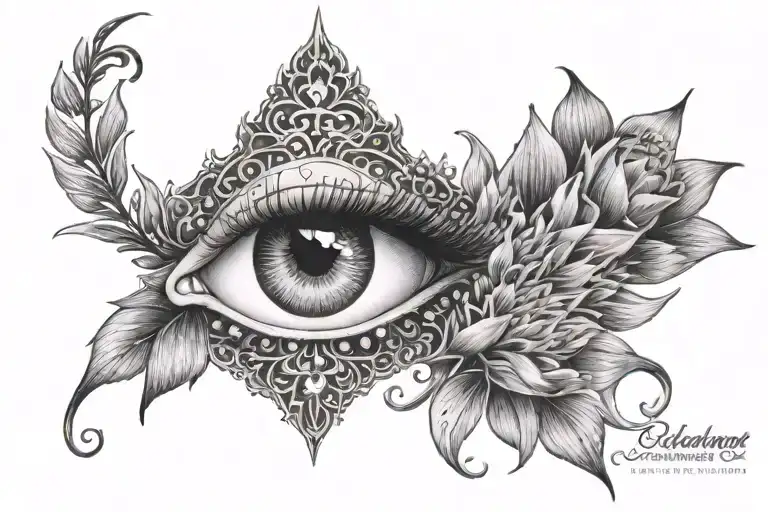 one eye with oriental flower and wind bar tattoo design idea