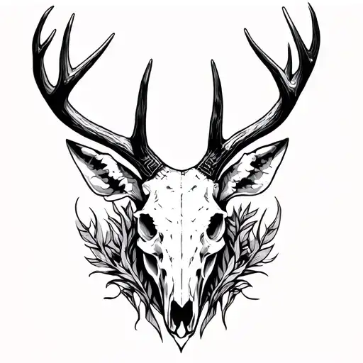Deer skull in blackwork tattoo style with long antlers, highly detailed, monochrome, bold lines, dark shading, symmetric tattoo design idea