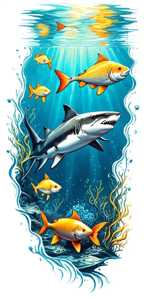 ocean floor with shark and fish tattoo design idea