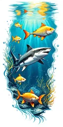 ocean floor with shark and fish tattoo design idea
