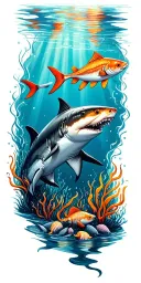 ocean floor with shark and fish tattoo design idea
