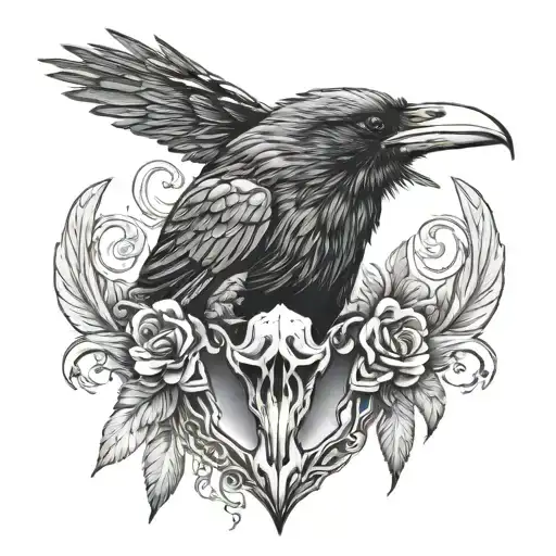 raven skull, front facing, viking tattoo design idea