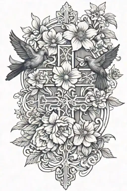 daffodil narcissus calendula carnation flowers intertwined with a cross and three black doves tattoo design idea