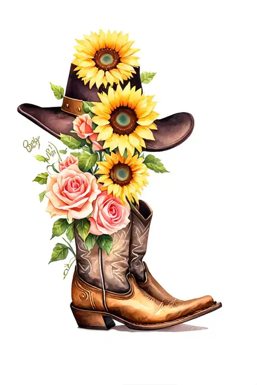 "Babygirl qere" sunflowers and roses blooming on cowboy hat and boots tattoo design idea