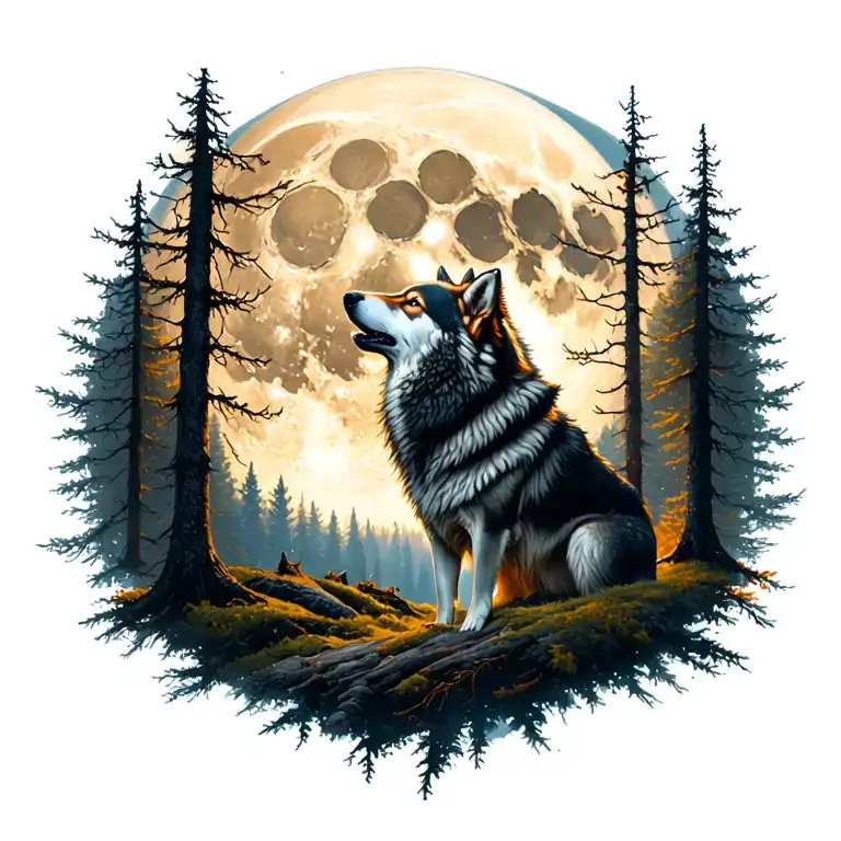lone wolf howling moon woods surrounded tattoo design idea